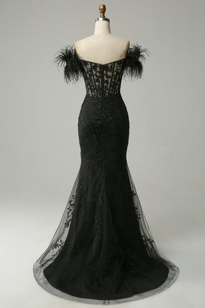 Black Plunging Off-the-Shoulder Feathers Mermaid Long Prom Dress with Slit