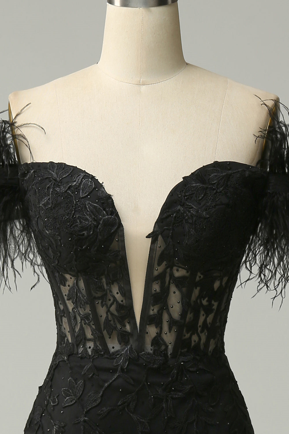 Black Plunging Off-the-Shoulder Feathers Mermaid Long Prom Dress with Slit