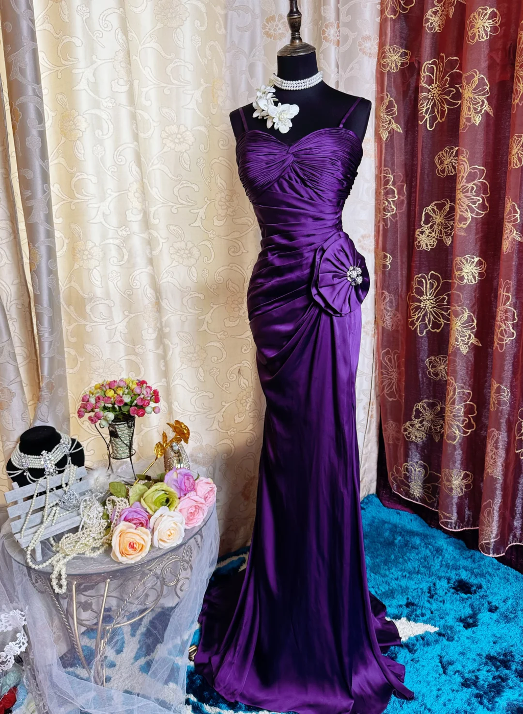 Sexy Spaghetti Straps Satin Pleated Slit Long Prom Dress Purple Mermaid Evening Gown