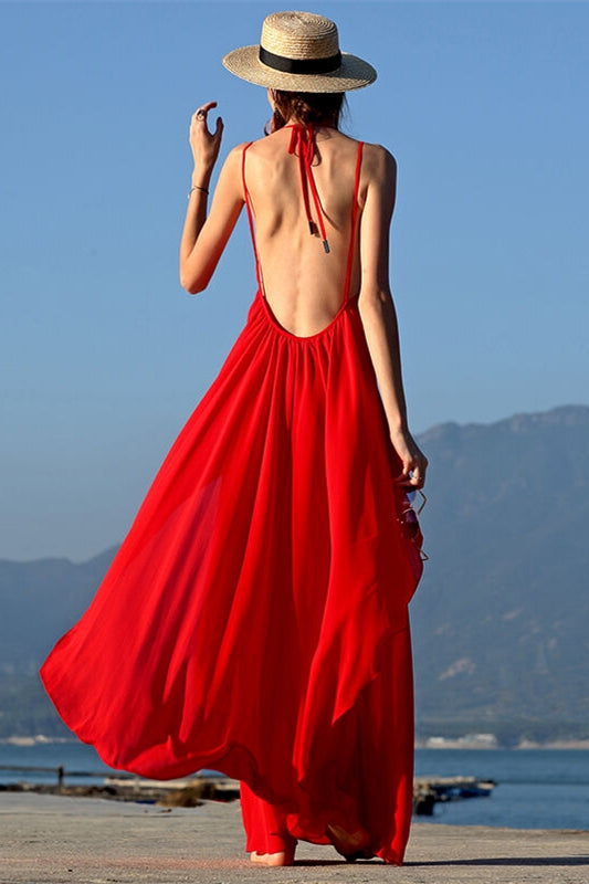 Backless Red Chiffon Maxi Dress