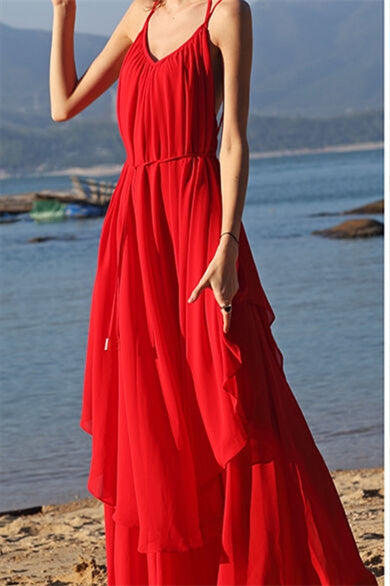Backless Red Chiffon Maxi Dress