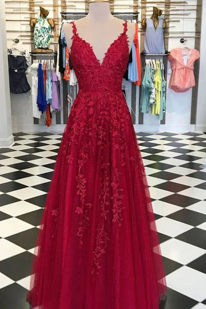 Backless V-Neck Sleeveless Lace Tulle A-Line Party Prom Dress