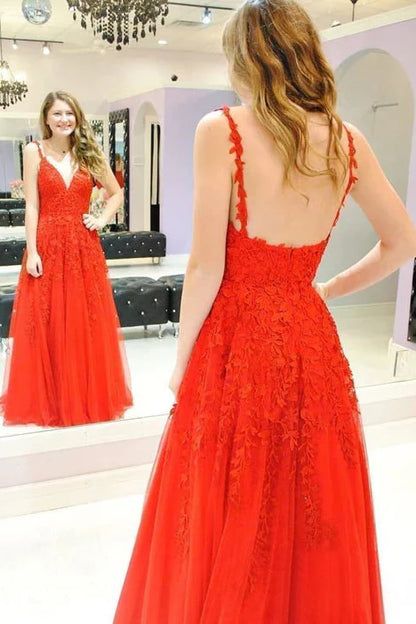 Backless V-Neck Sleeveless Lace Tulle A-Line Party Prom Dress