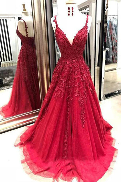 Backless V-Neck Sleeveless Lace Tulle A-Line Party Prom Dress