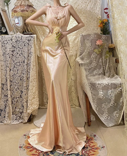 Morandi light pink floral long satin ball gown evening dress party dress gh4489
