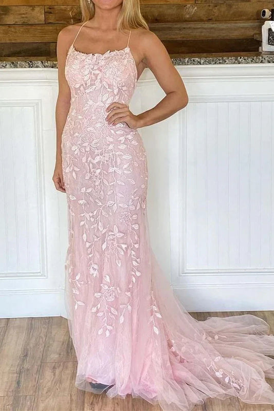 Bateau Lace Up Lace Appliques Mermaid Party Prom Dress