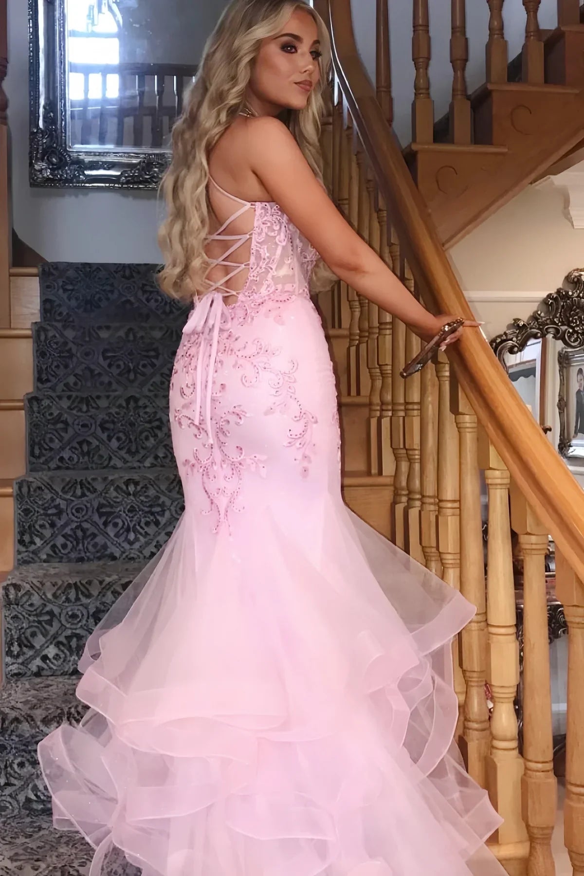 Bateau Lace Up Lace Appliques Mermaid Prom Dress With Tulle Train