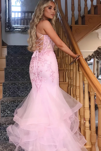 Bateau Lace Up Lace Appliques Mermaid Prom Dress With Tulle Train