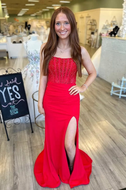 Bateau Sleeveless Beaded Empire Mermaid Long Party Prom Dress