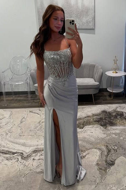 Bateau Sleeveless Lace Up Appliques Party Prom Dress With Side Slit
