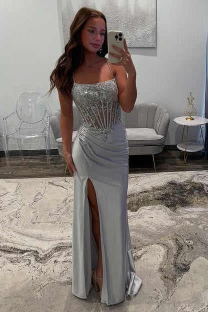 Bateau Sleeveless Lace Up Appliques Party Prom Dress With Side Slit