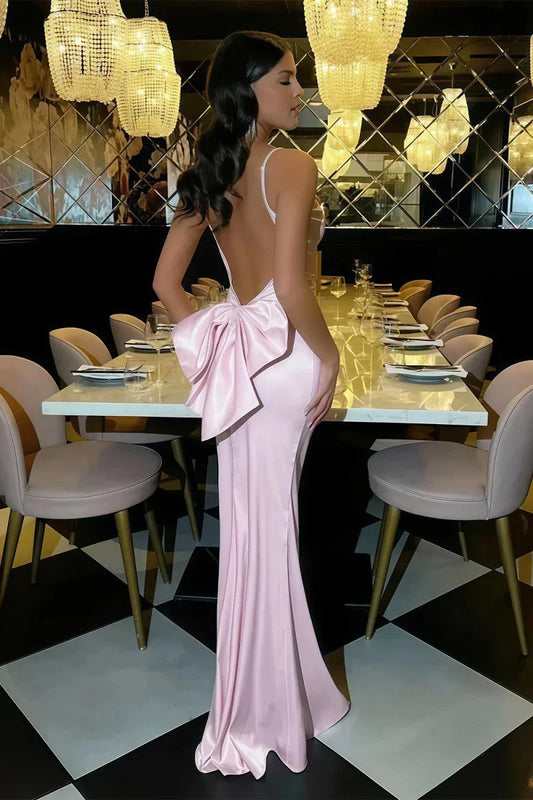Bateau Sleeveless Open Back Fitted Satin Party Prom Dress With Bow