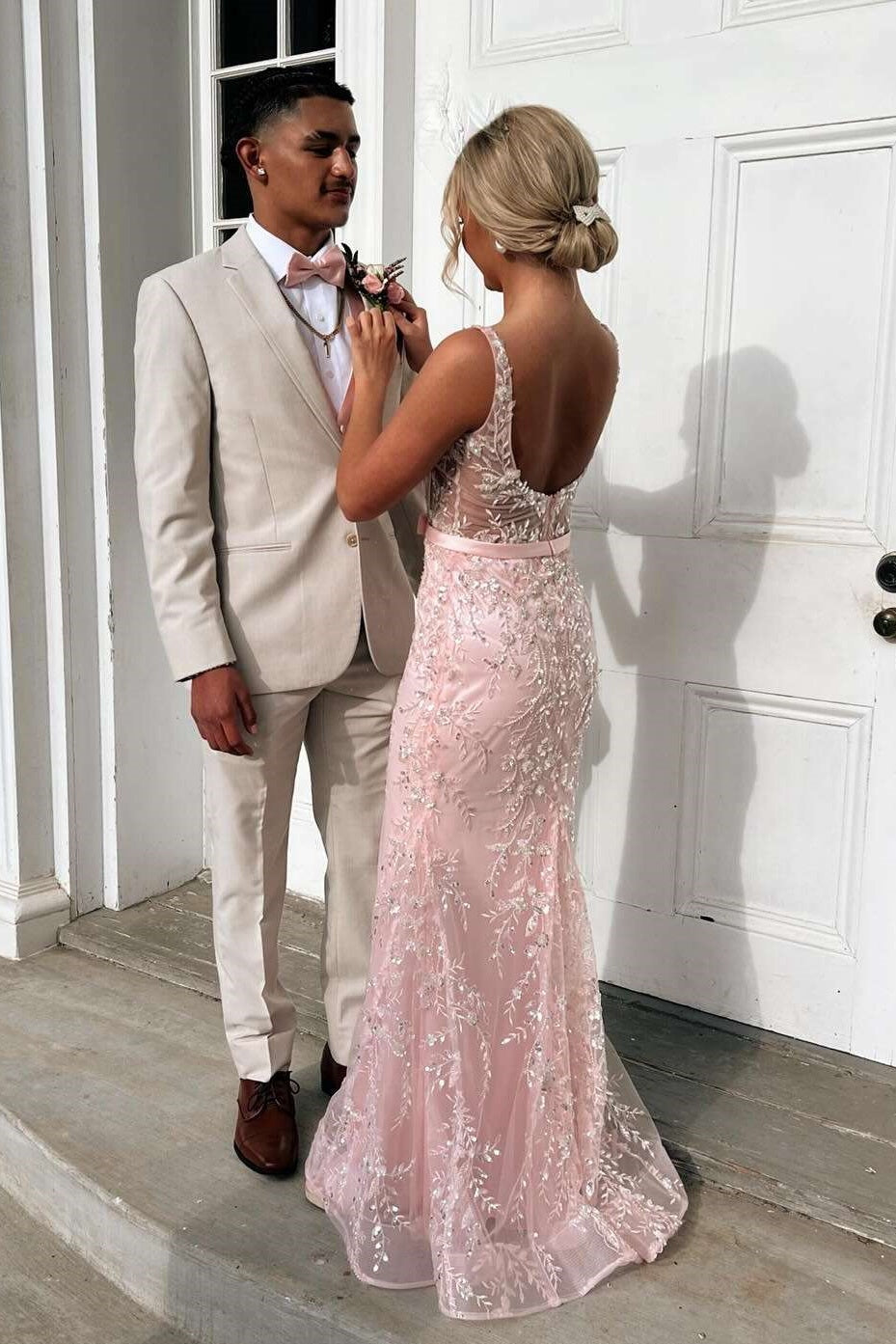 Bateau Sleeveless Open Back Fully Lace Mermaid Party Prom Dress