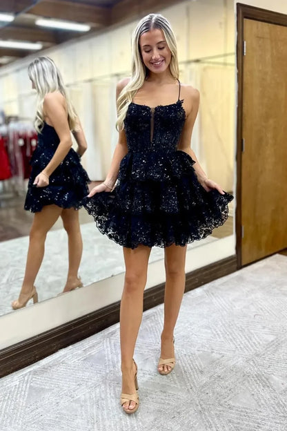 Bateau Spaghetti Straps A-Line Lace Sparkly Homecoming Dress