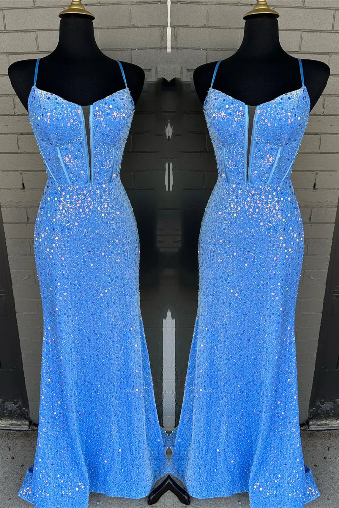 Bateau Spaghetti Straps Empire Sequins Mermaid Prom Dress