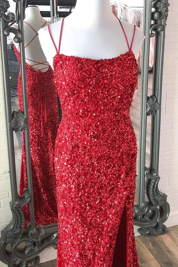 Bateau Spaghetti Straps Lace Up Fully Sequins Party Prom Dress