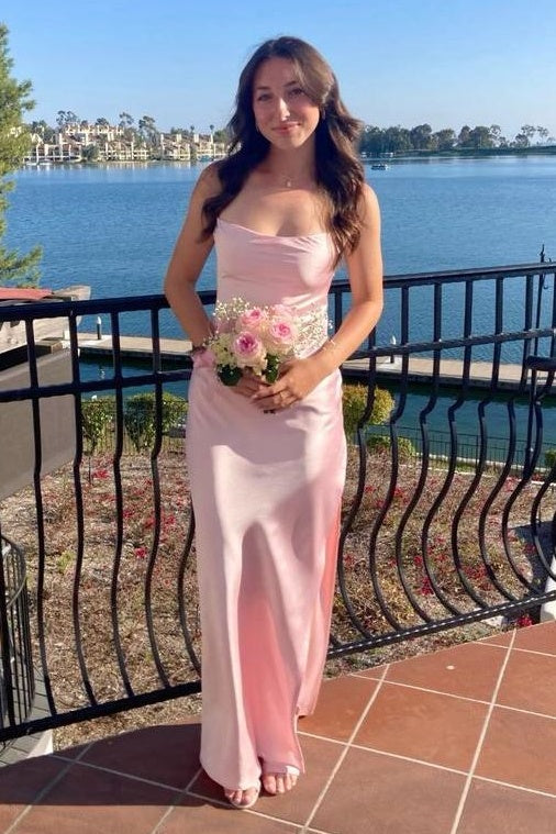 Bateau Spaghetti Straps Lace Up Party Prom Dress With High Slit