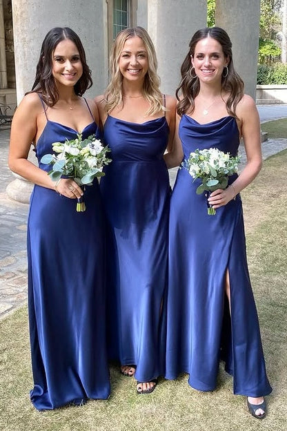 Bateau Spaghetti Straps Satin A-Line Bridesmaid Dress