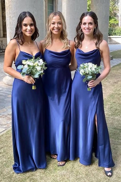 Bateau Spaghetti Straps Satin A-Line Bridesmaid Dress