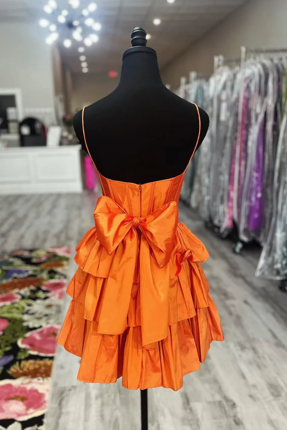 Bateau Spaghetti Straps Satin A-Line Homecoming Dress With Bow