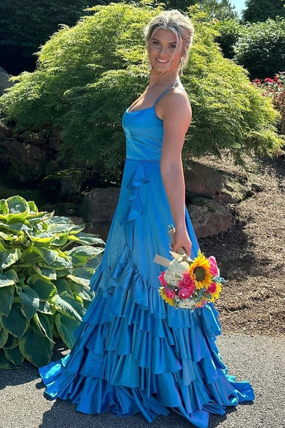 Bateau Spaghetti Straps Tiered Satin Party Prom Dress