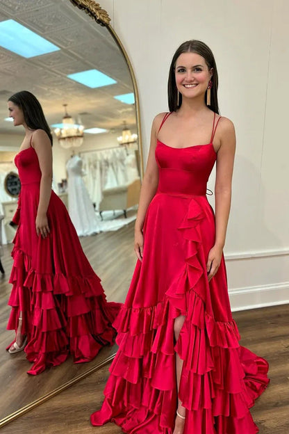 Bateau Spaghetti Straps Tiered Satin Party Prom Dress
