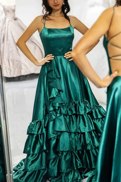 Bateau Spaghetti Straps Tiered Satin Party Prom Dress