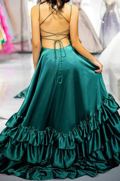 Bateau Spaghetti Straps Tiered Satin Party Prom Dress