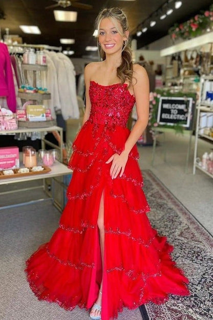 Bateau Strapless A-Line Empire Appliques Tiered Party Prom Dress