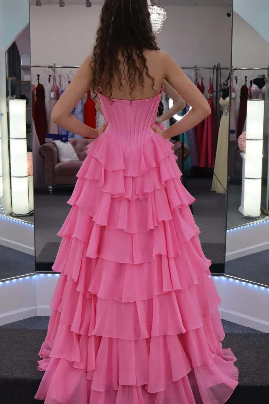 Bateau Strapless A-Line Lace Up Chiffon Party Prom Dress
