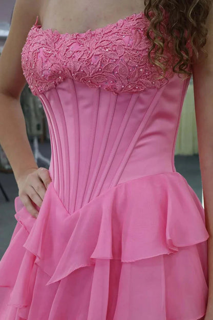 Bateau Strapless A-Line Lace Up Chiffon Party Prom Dress