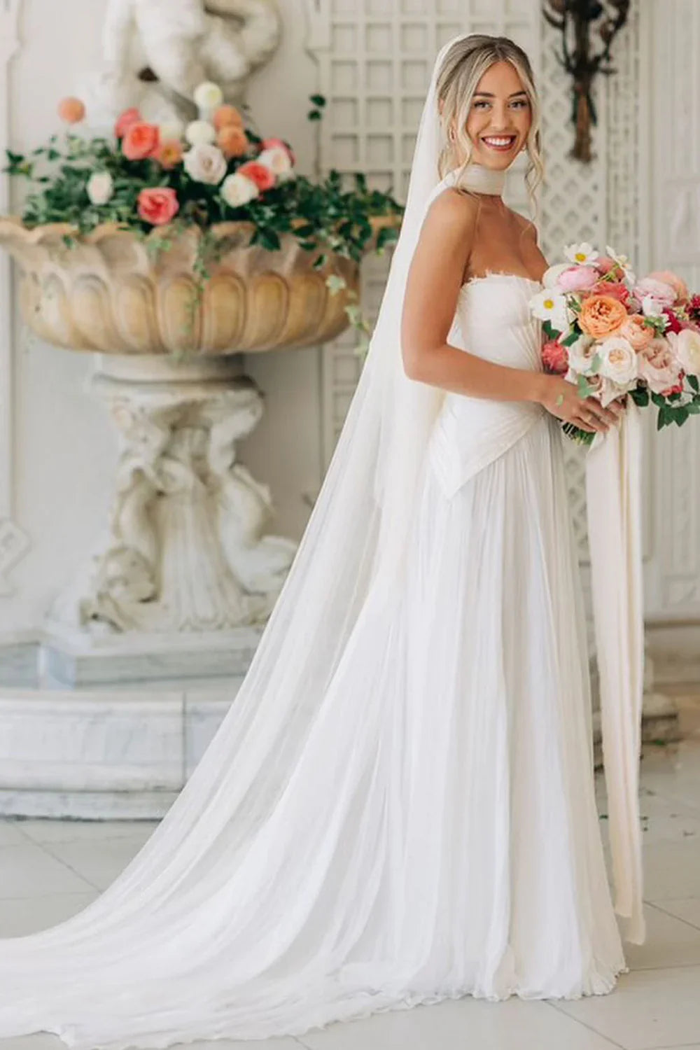 Bateau Strapless Empire A-Line Two Tone Summer Wedding Dress