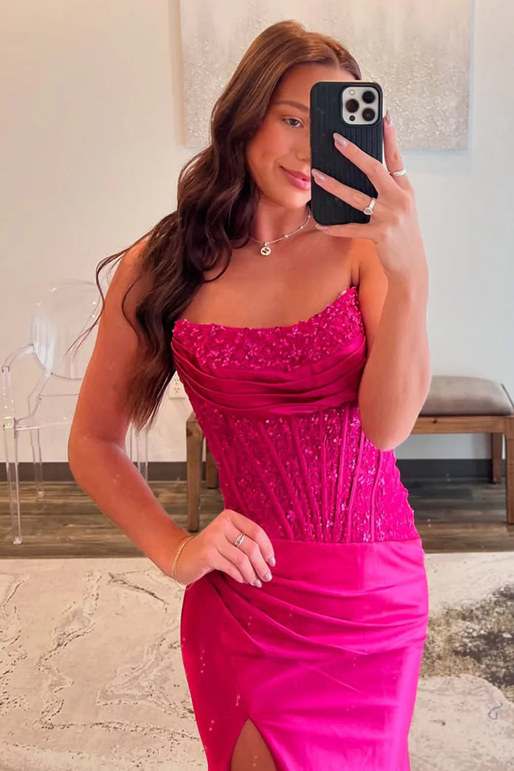Bateau Strapless Empire Ruched Lace Appliques Party Prom Dress