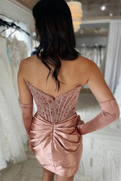 Bateau Strapless Empire Satin Fitted Lace Appliques Homecoming Dress
