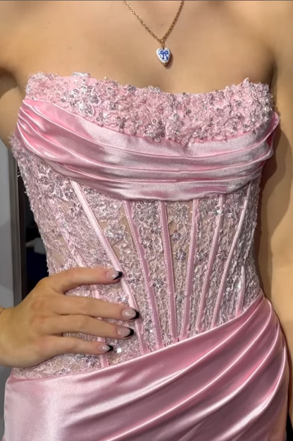 Bateau Strapless Lace Appliques Mermaid Party Prom Dress