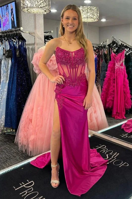 Bateau Strapless Lace Appliques Mermaid Party Prom Dress