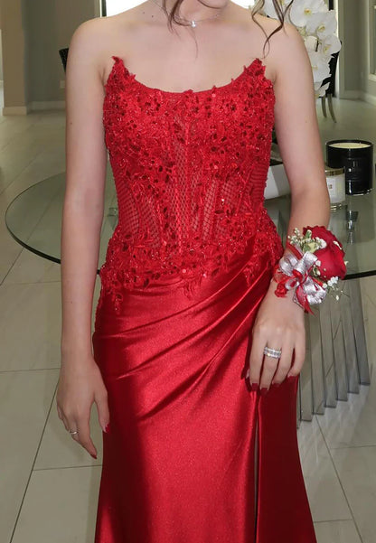 Bateau Strapless Lace Appliques Satin Party Prom Dress