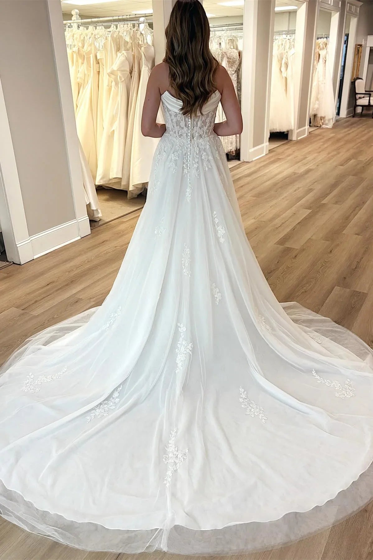 Bateau Strapless Lace Top Tulle A-Line Wedding Dress