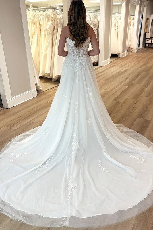 Bateau Strapless Lace Top Tulle A-Line Wedding Dress