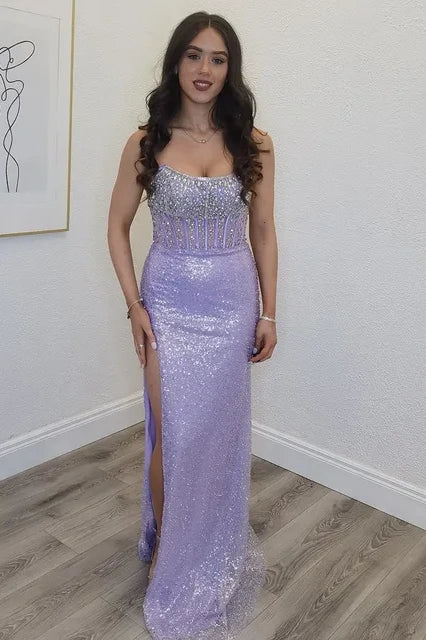Beaded Bateau Strapless Sequin Party Prom Dress With Slit