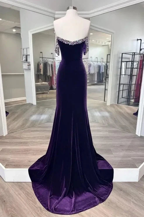 Beaded Off-Shoulder Empire Velvet Mermaid Party Prom Dress