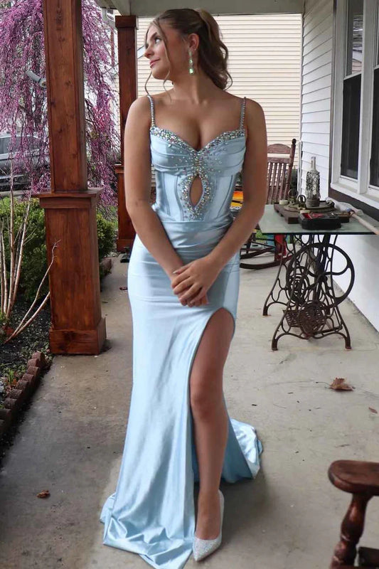 Beaded Spaghetti Straps Mermaid Satin Party Prom Dress