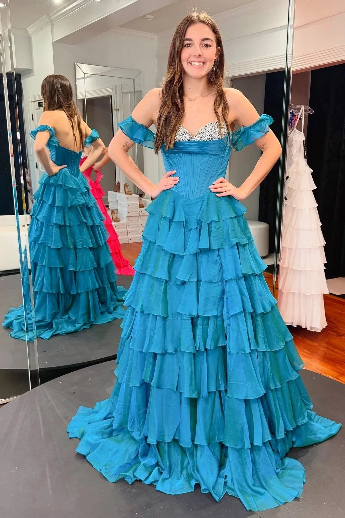 Beaded Sweetheart Off-Shoulder Chiffon A-Line Tiered Prom Dress