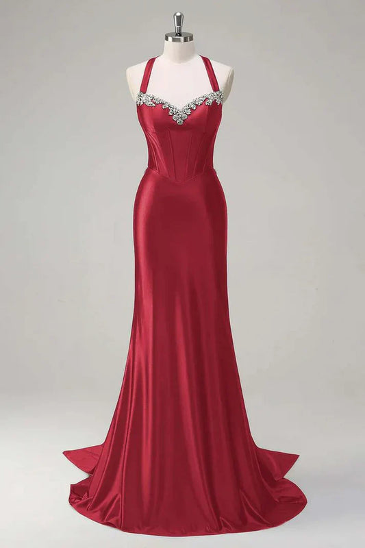 Beaded Sweetheart Sleeveless Empire Satin Mermaid Party Prom Dress