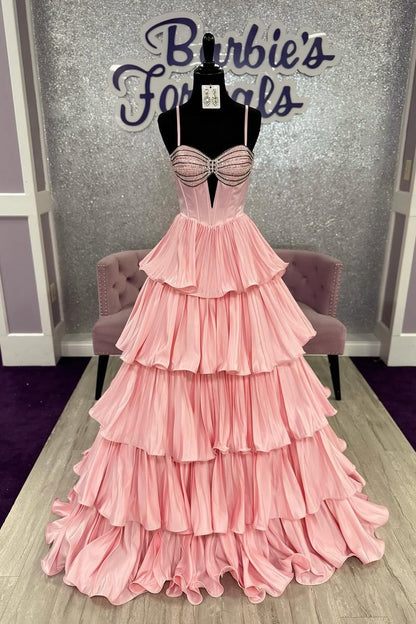 Beaded Sweetheart Sleeveless Empire Satin Tiered Party Prom Dress