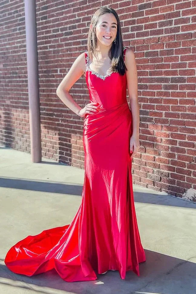 Off-Shoulder Beaded Satin Trumpet With Side Slit Prom Dress