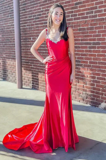 Off-Shoulder Beaded Satin Trumpet With Side Slit Prom Dress