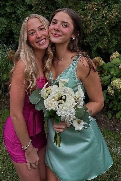 Beaded V-Neck Straps Backless Satin A-Line Party Homecoming Dress