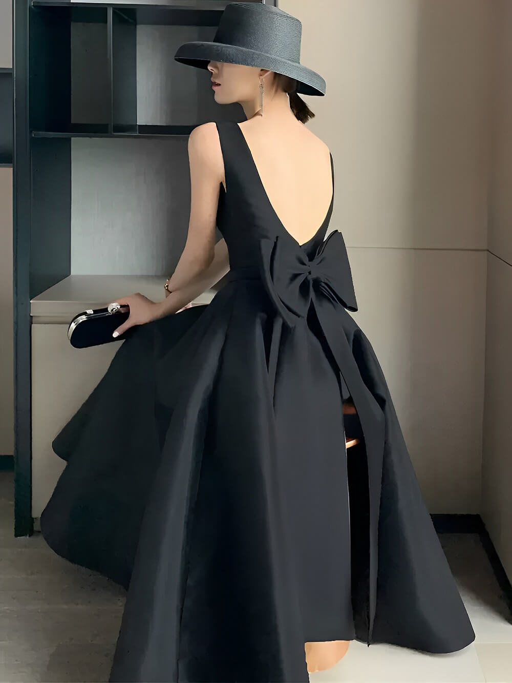 Elegant Black Celebrity Party Dress Back Open Evening Dresses with Bow