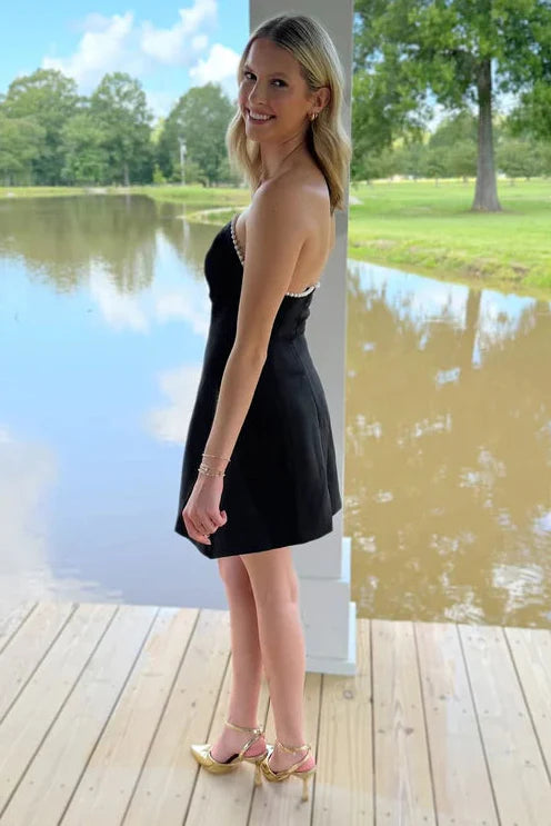 Pearl Straplss A-Line Empire Satin Short Graduation Dress